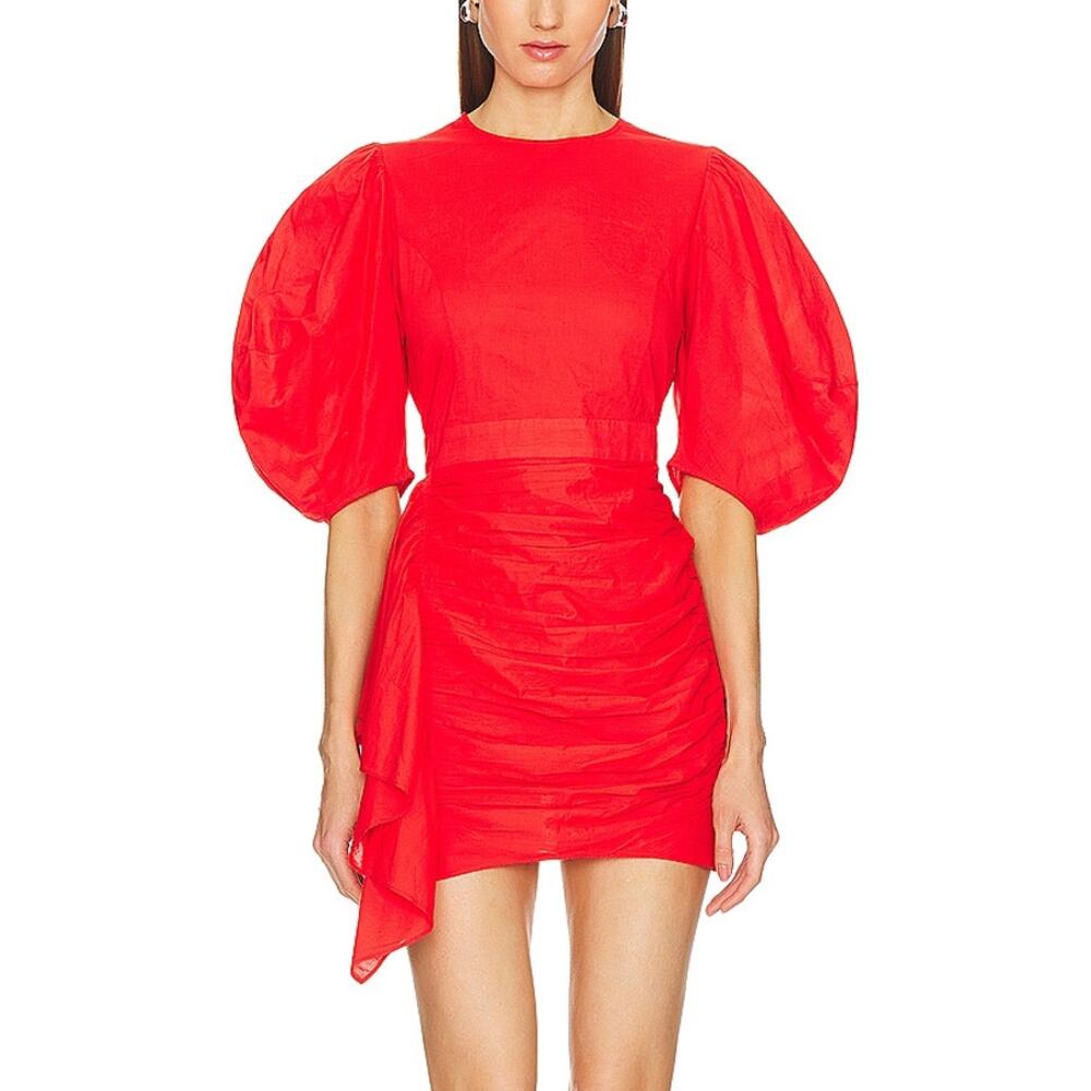 Rhode Pia Chili Red Cotton Ruched Puff Sleeve Mini Dress Size XS